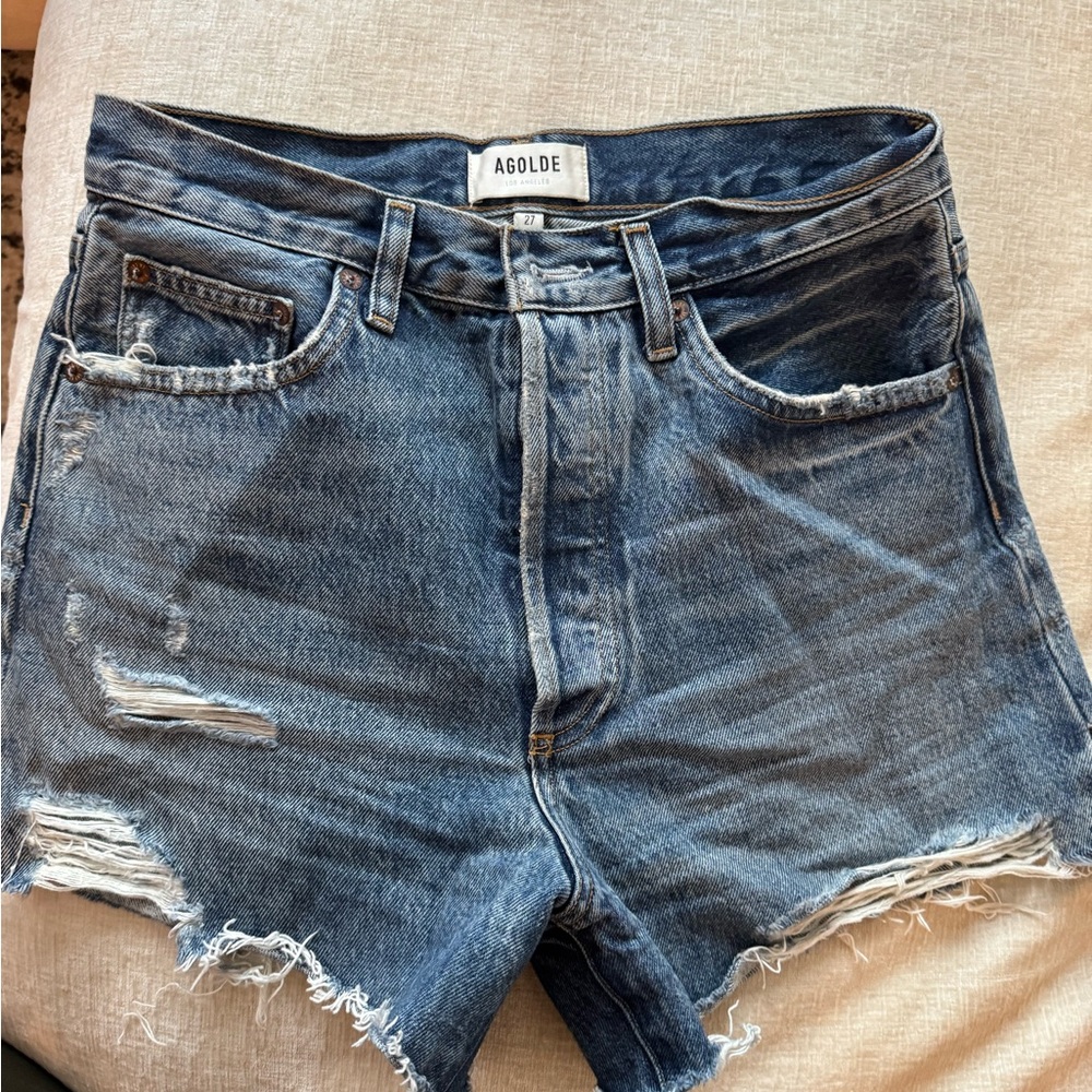 Agolde Blue Distressed Jean Shorts - Picture 2 of 5